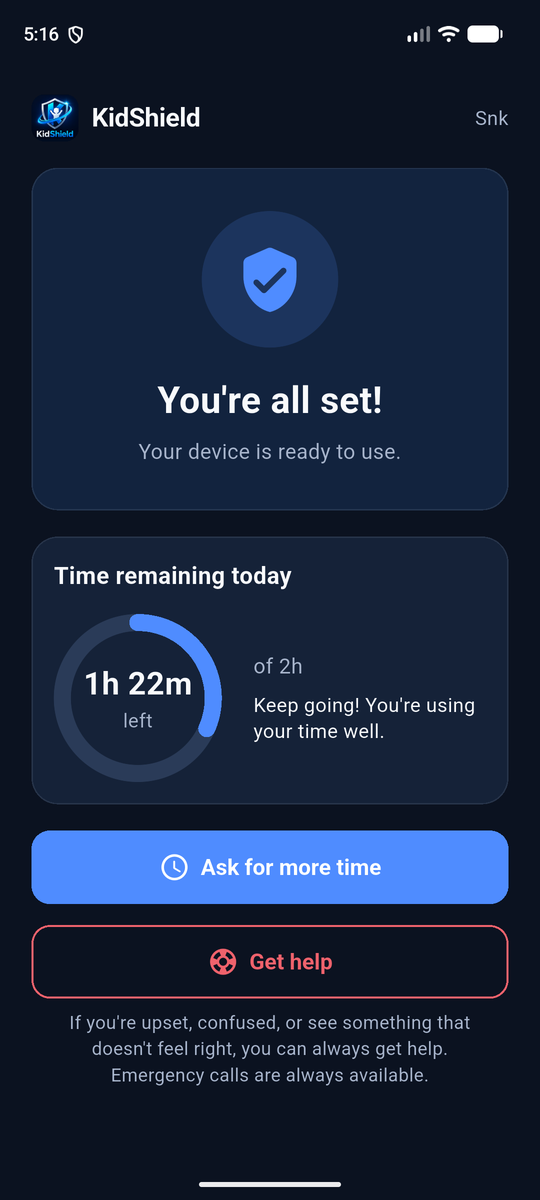 KidShield child app: You're all set, time remaining today, Ask for more time and Get help