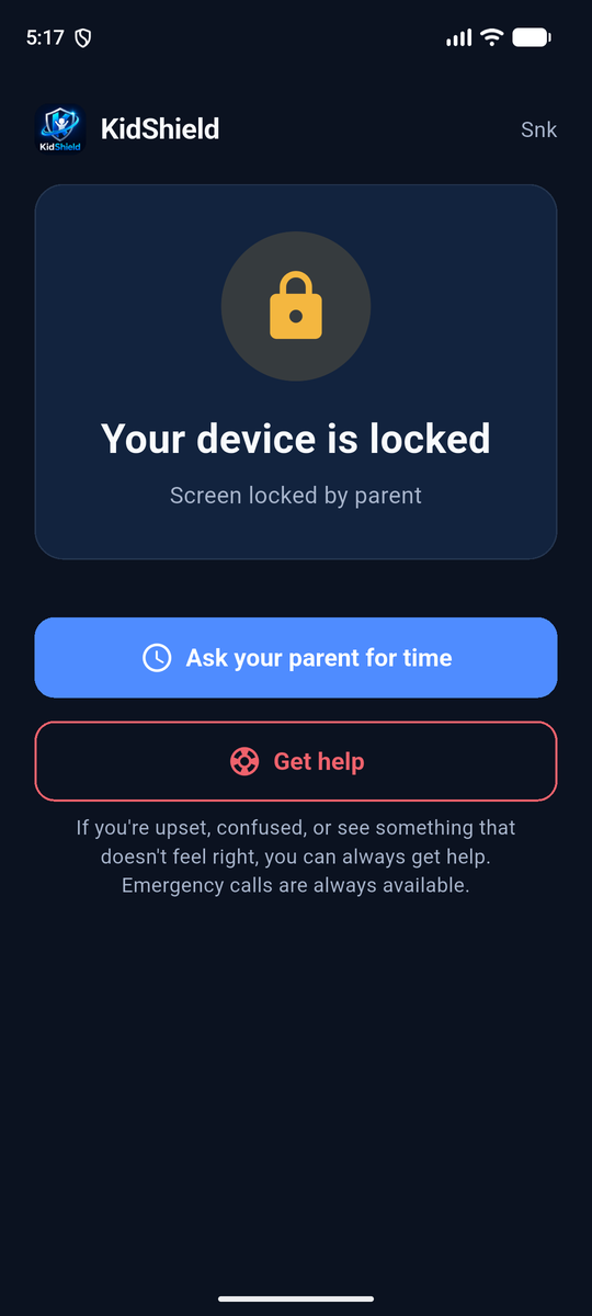 KidShield child app when locked: Your device is locked, Ask your parent for time, Get help