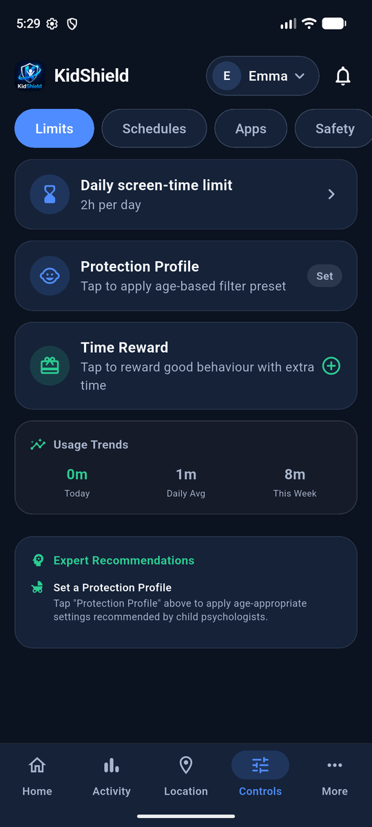 KidShield Controls: daily limit, protection profile, time reward and usage trends