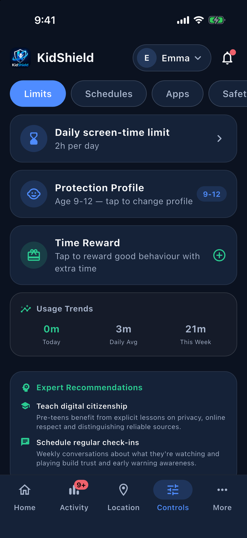 KidShield Family parent app — home dashboard with screen time, quick actions and child status