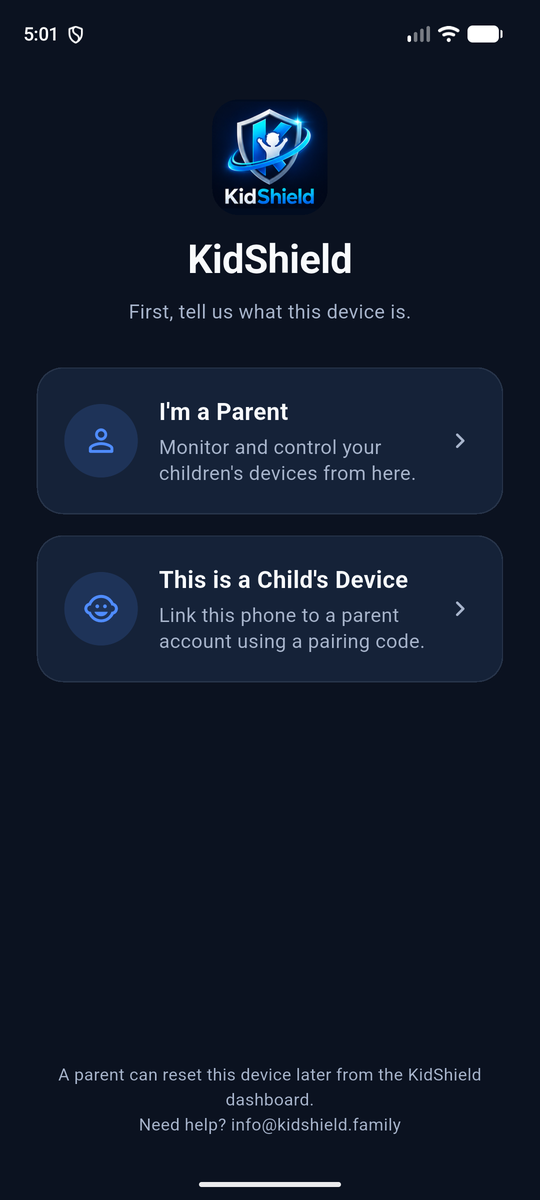 KidShield first screen: I'm a Parent or This is a Child's Device