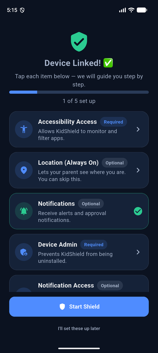 Child device setup checklist with progress bar and Required/Optional badges